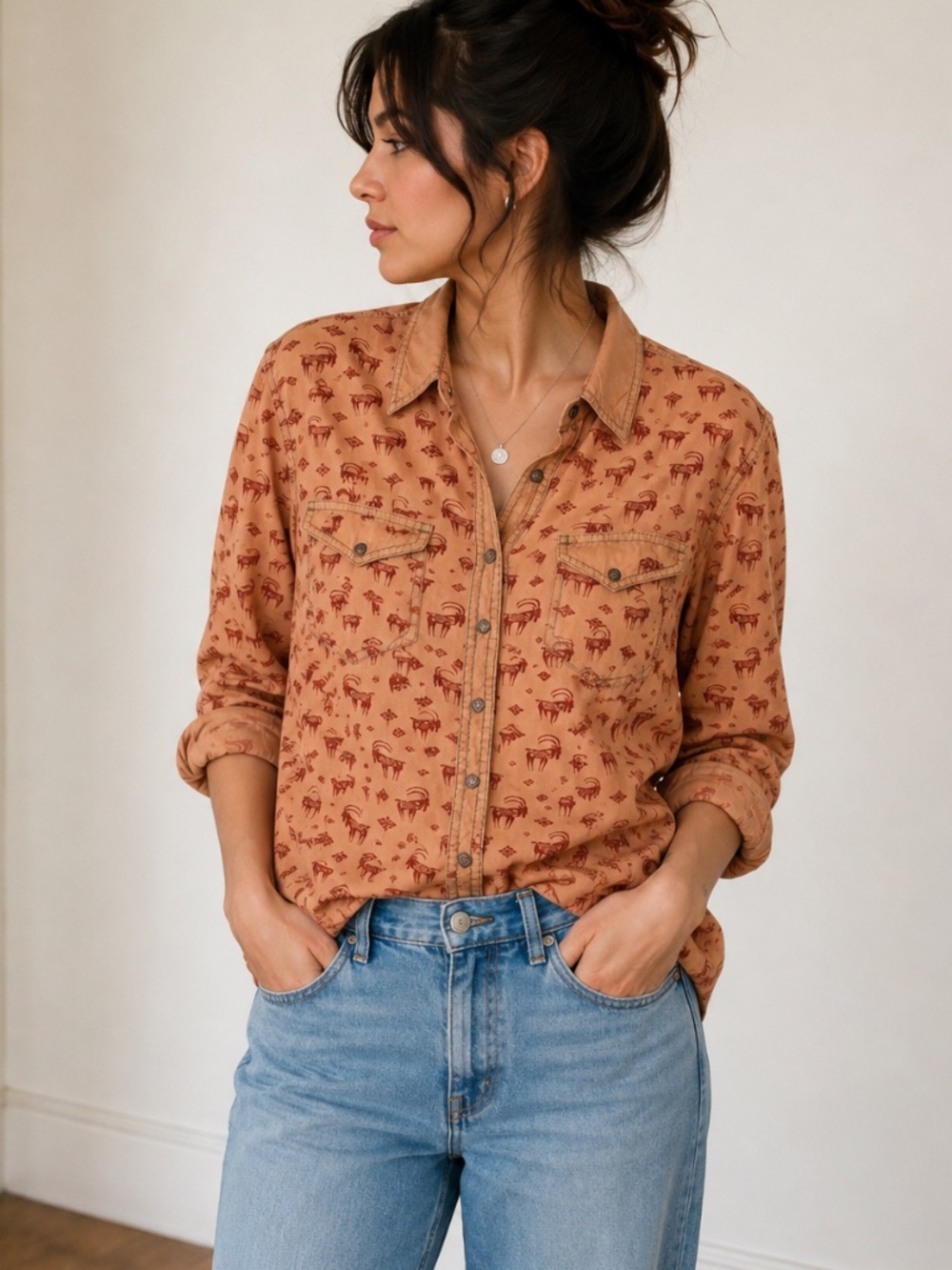 Ryan Michael Western Desert Animal Print Snap Shirt Large